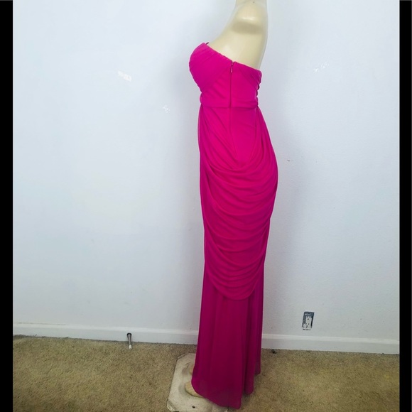 DAVID’S BRIDAL Extra Long Strapless Mesh Dress with Side Draping Fuchsia… - Picture 5 of 7